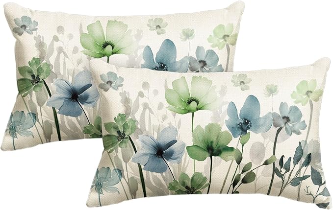 AVOIN colorlife Chinoiserie Poppy Flowers Pillow Covers 12x20 Inch Set of 2 | Blue Sage Green Seasonal Leaves Cushion Case Decoration for Sofa Couch