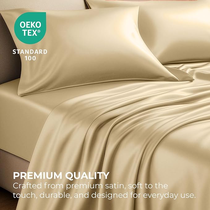 Satin Sheets California King [4-Piece, Ivory] Luxury Silky Bed Sheets - Extra Soft 1800 Microfiber Sheet Set, Wrinkle, Fade, Stain Resistant - Deep Pocket Fitted Sheet, Flat Sheet, Pillow Cases