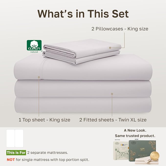 California Design Den 600 Thread Count Split King Sheets Set, 5 Pcs | 100% Cotton Sateen, Good Housekeeping Seal, Split King Sheets Sets for Adjustable Bed with 2 Separate Twin-XL Mattresses