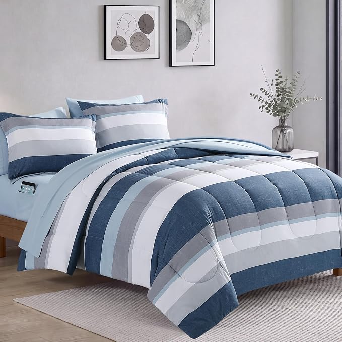 Monbix King Size Comforter Set-7 Pieces Soft Bed in a Bag King Bedding Set | All Season Sailor Blue Striped Reversible Comforter with Sheets, Pillowcases & Shams