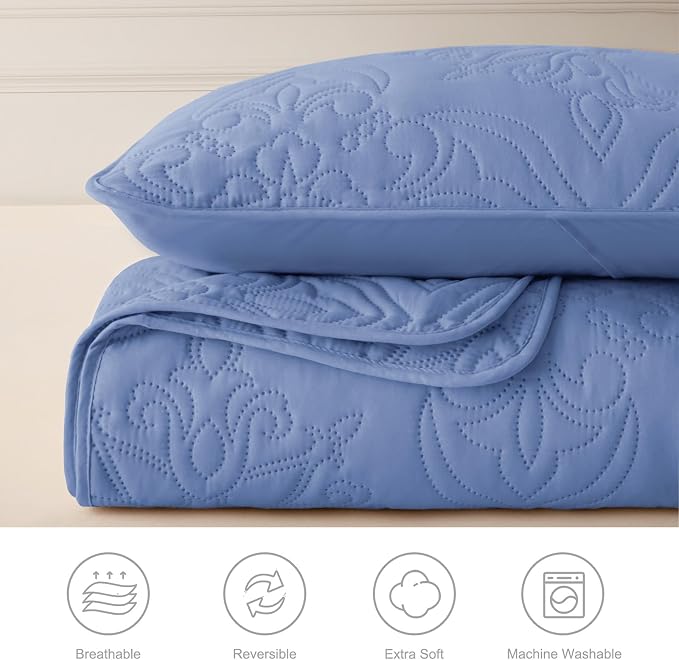 Whale Flotilla Queen Quilt Bedding Set Vintage Damask Reversible Bedspread | Suitable for Bed, 3 Pieces Bluish Grey Lightweight Breathable Quilts Queen Size, Ultrasonic Coverlet with 2 Pillow Shams