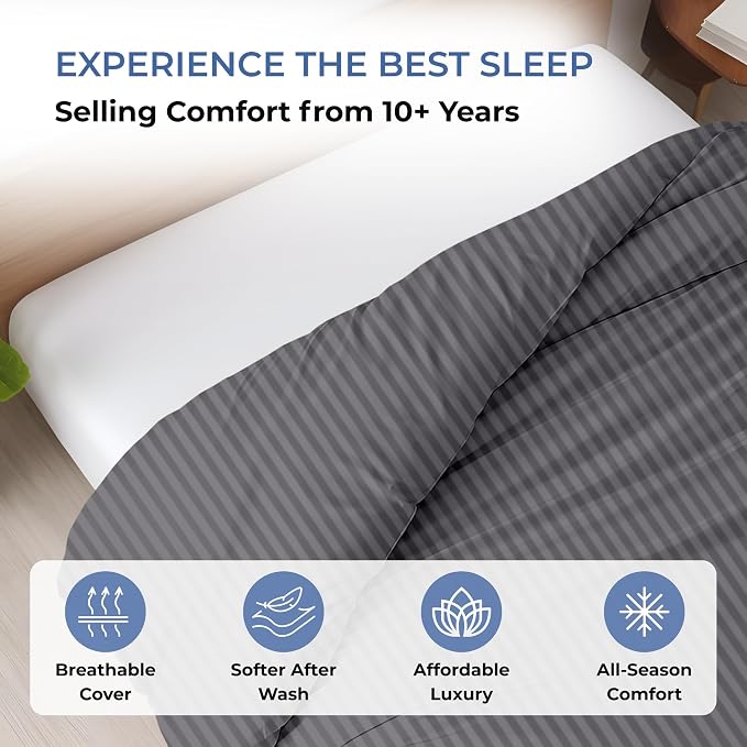 1 Pc Twin Size Duvet Cover Only -100% Egyptian Cotton 600 TC Ultra Soft Premium Durable Comforter Cover Zipper Closure & Corner Ties (Striped Dark Grey, Twin/Twin XL 68" X 90")
