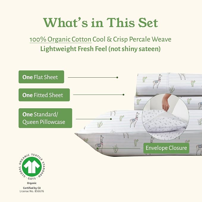 California Design Den Organic Cotton Twin XL Sheets, 3 Pcs Set, Llama Print | GOTS Certified, Lightweight Crisp & Airy Percale For Hot Sleepers, All-around Elastic, Easy Care