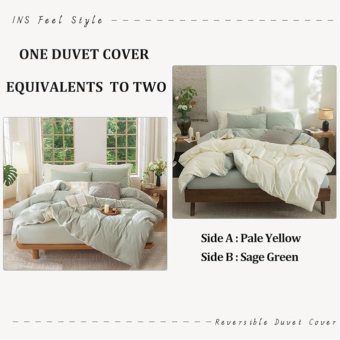 BDEAR 3Pcs Duvet Cover Set King Size 104" Wx90 L,Pale Yellow and Sage Green | 100% Washed Cotton, 1 Duvet Cover with 2 Pillowcases, Zipper Closure, OEKO TEX Standard,8 Corner Ties,Linen-Liked Texture