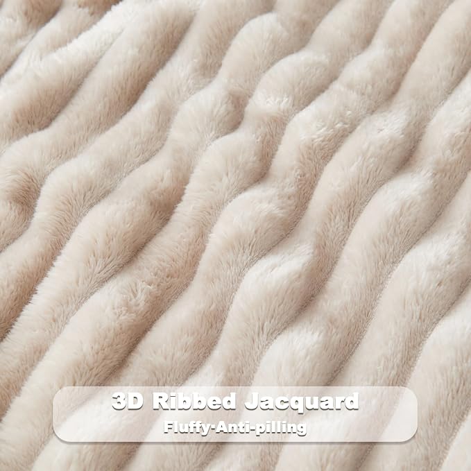 NEWCOSPLAY Fleece Ribbed Cozy Queen Blanket for Couch, Linen, 90"x90" | Premium Silky Flannel Blanket, Soft Lightweight Fluffy Throw Blanket for Bed Sofa Decor, Gift for All Season Use