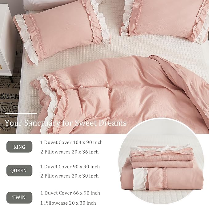 Bedorm Ruffle Duvet Cover Queen Coquette Bedding Ultra Soft Breathable Shabby Chic Bedding Pink Ruffled Duvet Cover Set Cute Comforter Cover