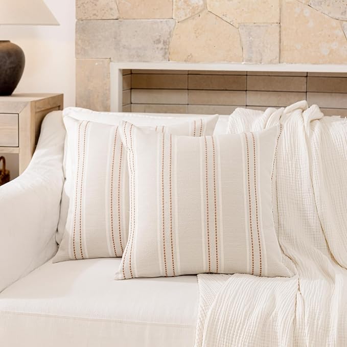 Hckot Terracotta Throw Pillow Covers 20x20 Set of 2 Striped Pillow Covers | Farmhouse Decorative Pillows Textured Linen Square Cushion Covers for Sofa Couch Bed Living Room Decor(Camel)