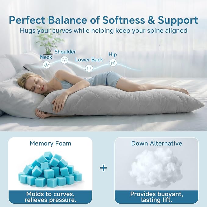 BEDELITE Cooling Body Pillow, Memory Foam Filled, Light Grey, 20x54 Inches | Soft & Cool-Touch Quilted Nylon-Spandex Cover, Adjustable Fill, Perfect for Side Sleepers, Hot Sleepers, Pregnancy, Back Pain