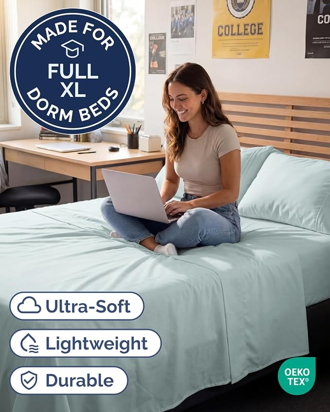 Full XL Sheets - 4 Piece Full XL Sheet Set - Cool & Breathable - Ice Blue | Hotel Luxury Bedding for Women & Men with Deep Pockets, Ultra-Soft, Comfy, Easy-Fit, Wrinkle Free & Fade Resistant, Oeko-Tex