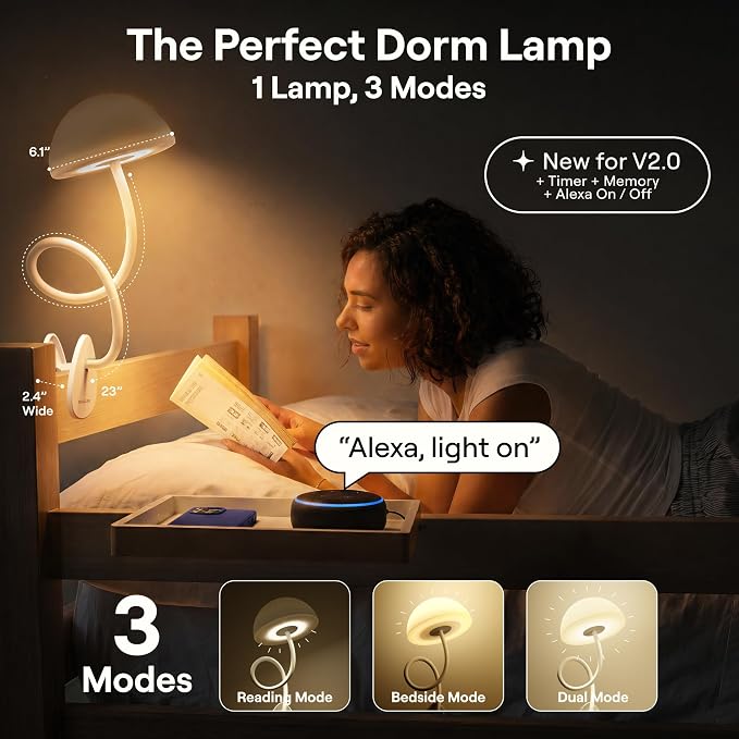 Smallish Shroommate Clip On Light for Dorm Room - 2.0 (White) | Bed Headboard Lamp, Bedside Table Lamp Dorm, College Dorm Room Essentials, Night Light Kids Nursery, MultiColor LEDs