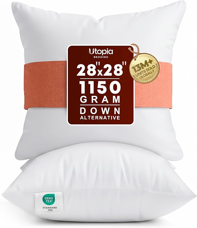 Utopia Bedding 28x28 Pillow Inserts, White Throw Pillows for Couch, 2 Pack | 100% Virgin Filling, Euro Indoor Cushion Inserts for bed, sofa & couch, Extra Filled, Supportive & Fluffy Decorative Pillows