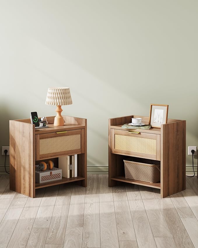 WLIVE Rattan Nightstands Set of 2, Night Stand Sets with Charging Station, Boho Bed Side Table with Storage Drawer and Open Shelf, End Tables Bedroom, Natural Oak