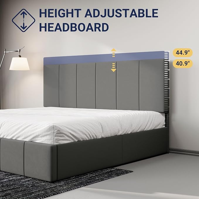 Allewie King Size Dutch Velvet Upholstered Platform Bed Frame/Vertical Channel Tufted Adjustable Headboard/Low Profile Bed Frame/No Box Spring Needed/Easy Assembly/Grey