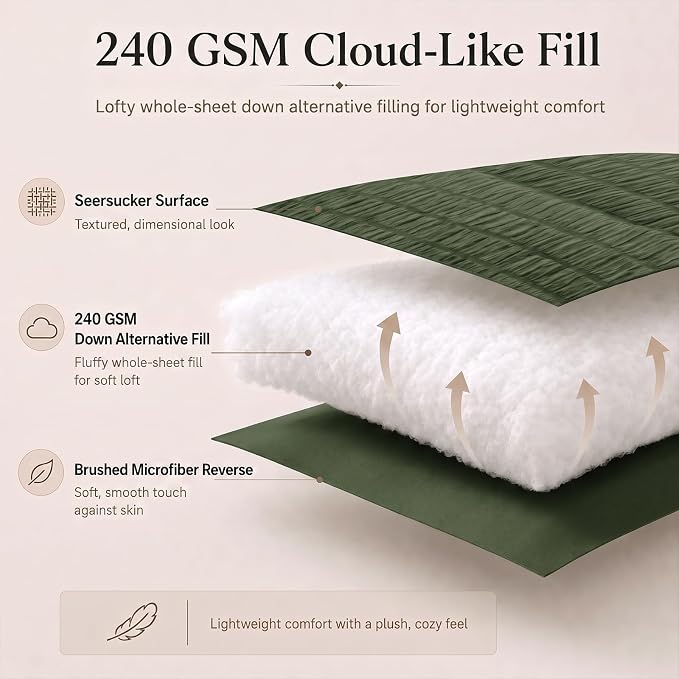 Oversized Queen Seersucker Comforter Set, Olive Green, 98 x 98 in | OEKO-TEX Certified, 7 Pieces Bed in a Bag with 240 GSM Down Alternative Comforter, Flat & Fitted Sheets, Pillowcases & Shams