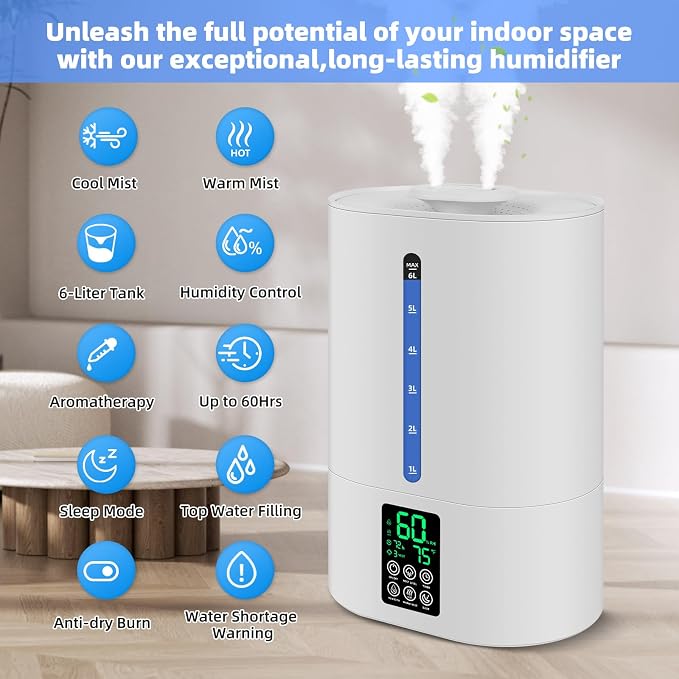 Coolfiqu 6L Warm & Cool Mist Humidifiers for Bedroom,Large Room,Plants | Quiet Top Fill Ultrasonic Humidifier,Essential Oil Diffuser, Auto Humidity Control,Hot Mist Desk Humidifiers,360° Nozzle