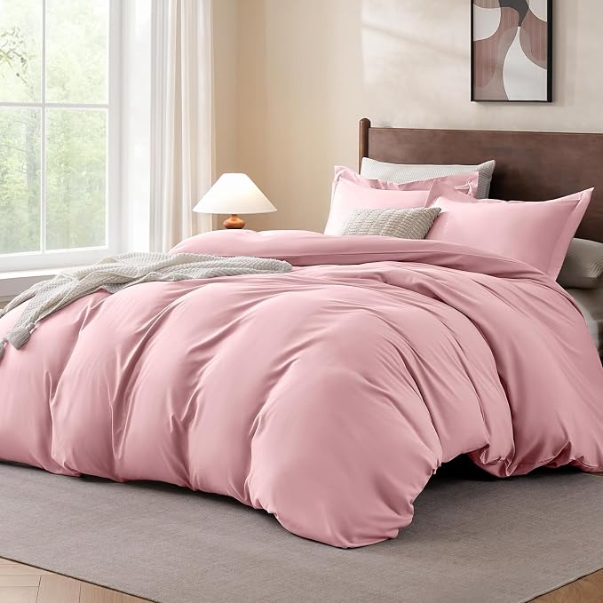 FreshCulture Duvet Cover Queen Size - 3 Pieces Microfiber Duvet Cover Set with Zipper Closure - Lightweight & Easy Care - 1 Comforter Cover & 2 Pillow Shams - Comforter Not Included (Pink)