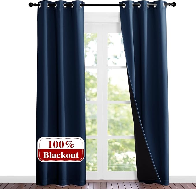NICETOWN Complete 100% Blackout Curtain Set, Thermal Insulated & Energy Efficiency Window Draperies for Guest Room, Full Shading Panels for Shift Worker and Light Sleepers, Navy Blue, 37W x 84L, 2 Pcs | Complete 100% Room Darkening Thermal Insulated En...