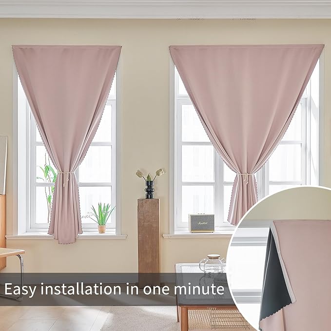 AJAZZ Self Adhesive Curtains 100% Blackout Shades Window Cover Sticky Curtain Portable Easy Open Black Out Curtains for Bedroom Living Room No Drilling (Pink, 47" W x 96" L 1 Panel)