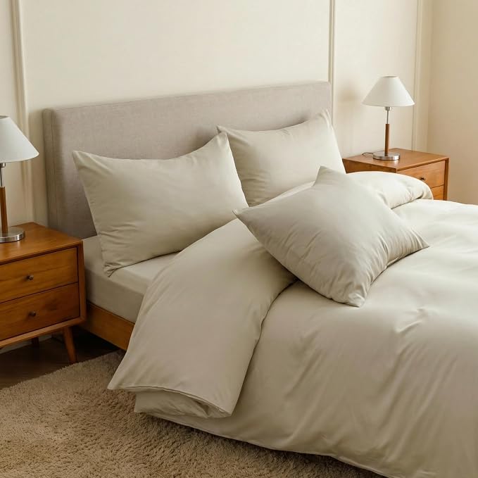 HeimenAogo Egyptian Cotton Duvet Cover Queen Size Sateen Weave, Silky Soft and Breathable Bedding Set with Zipper Closure, Long Staple Cotton Bed Linen (Linen Grey) 3Pcs