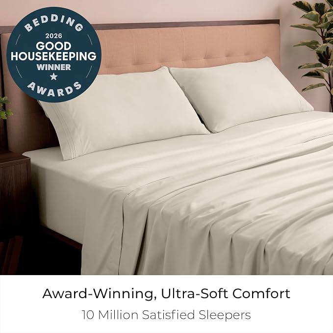 Mellanni Iconic 4-Piece Sheet Set (California King, Golden Ivory) | 10M+ Sleepers. Lab-tested: Sleeps Cool, Stays Bright, Strong, Smooth. Good Housekeeping Best Bedding, 7 yrs running.