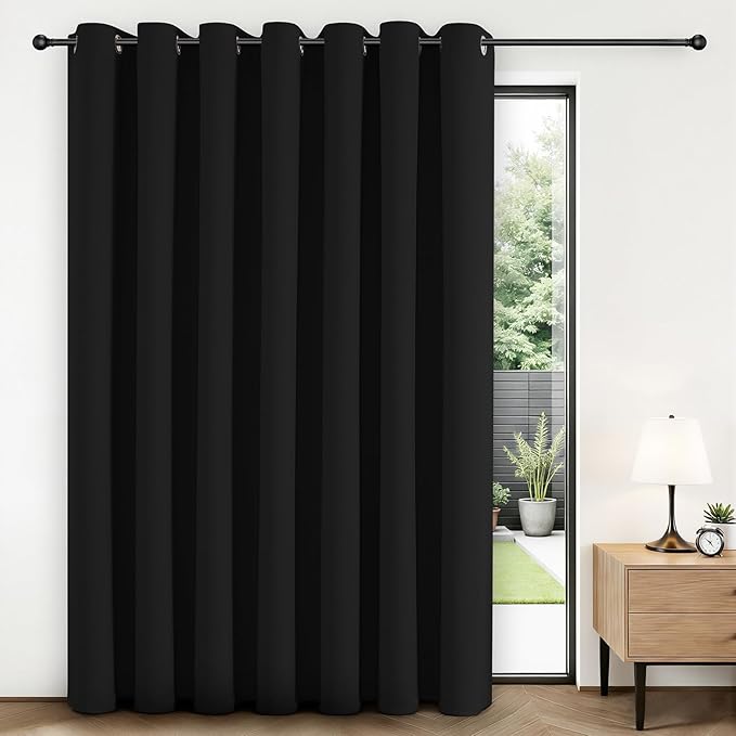 Joydeco Blackout Patio Sliding Door Curtains, Privacy Room Divider Curtains | Extra Wide Thermal Blackout Curtains for Bedroom Living Room, Curtain for Patio Door (Black, 100Wx96L, 1 Panel)