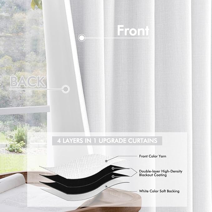 MIULEE 100% Blackout Back Tab Pleat Linen Curtains 50" Wx90 L,Bright White | 2 Panels,Thick Faux Linen,Textured Drapes,with Hooks,for Bedroom Living Room,Black Out,Room Darkening