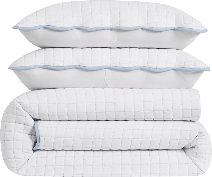 WDCOZY White Oversized California King Size Quilt Bedding Set, Cal King Scalloped Farmhouse Country Rustic Lightweight Soft Coverlet for All Season, Cute Cozy Kantha Pick Stitch Bedspread