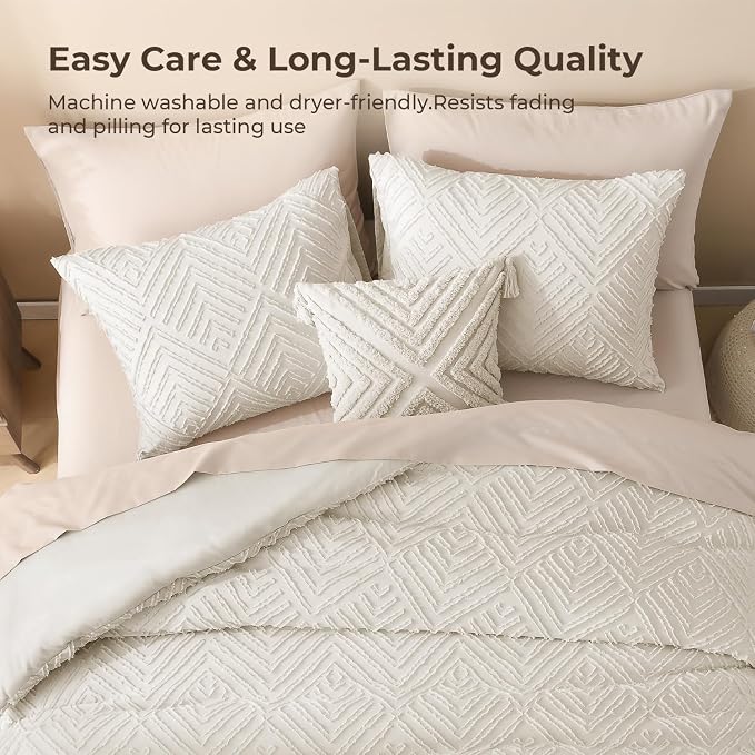 Litanika Full Size Comforter Set, 3 Pieces Beige Tufted Boho Bedding Set | Farmhouse Shabby Chic Vintage Bohemian Textured Aesthetic Soft Fluffy Lightweight Breathable All Season Bed Set for Full Bed
