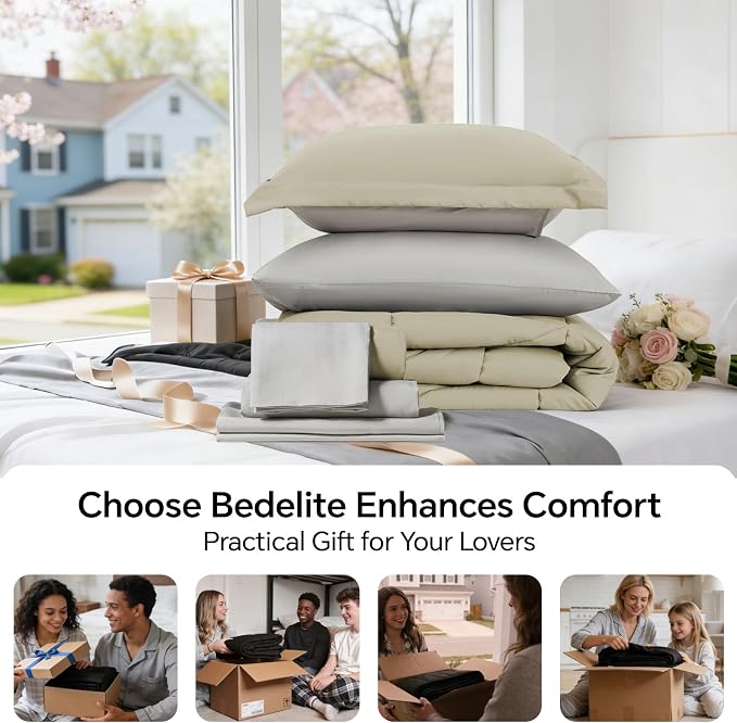 BEDELITE Twin XL Comforter Set 5 Pieces, Reversible Oatmeal Bed in A Bag | Soft All Season Down-Alternative Comforter, Sheets, Pillowcases & Shams, OEKO-TEX Certified Bedding for Drom Room, College