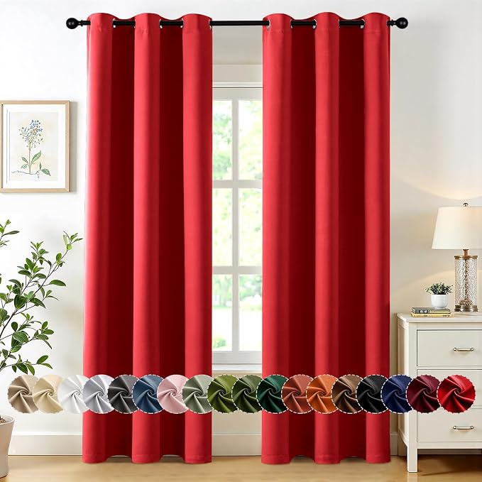 MIULEE Blackout Curtains for Bedroom 2 Panels 40x72 Inch Long Christmas Red | Thermal Insulated, Living Room Darkening Grommet Drapes, Noise Reducing, Light Blocking Window Treatments