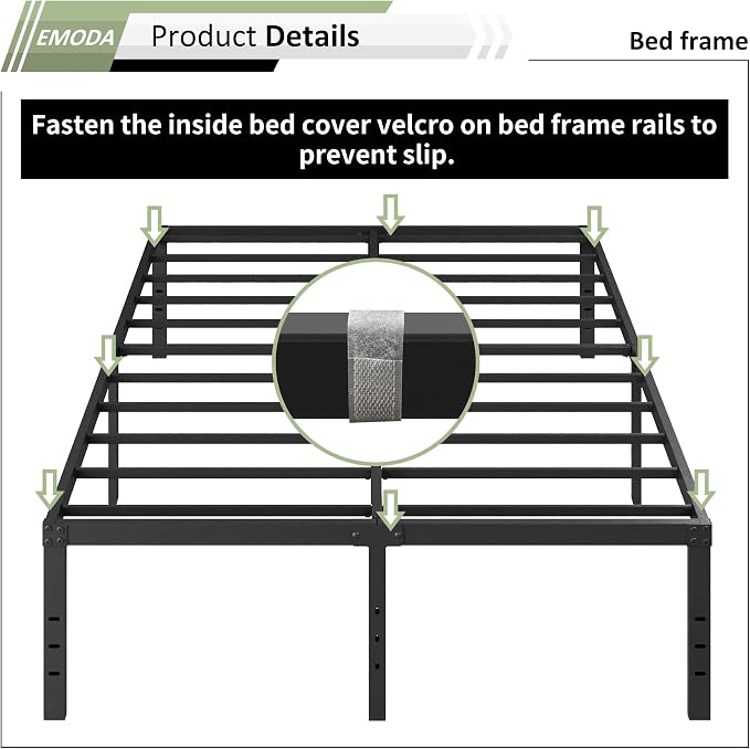 EMODA 18 Inch King Bed Frame with White Fabric Cover, Heavy Duty Metal King Platform Bed Frame No Box Spring Needed, Noise Free, Easy Assembly
