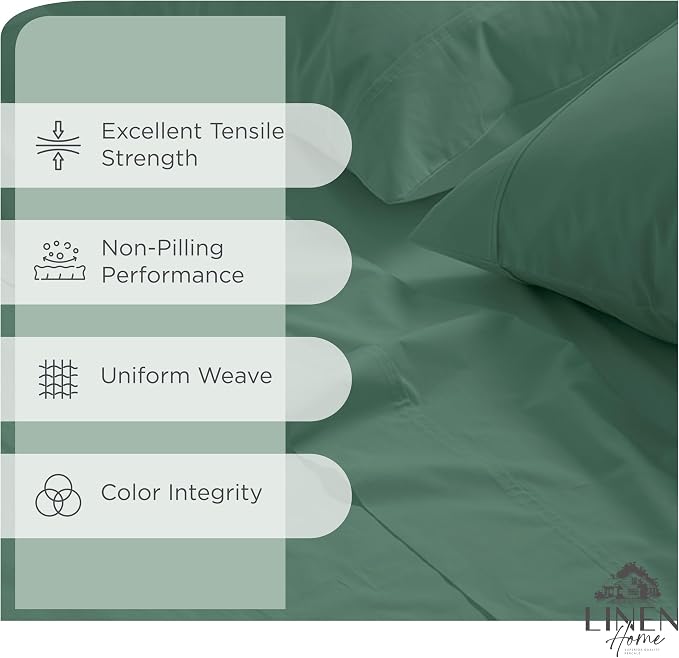 Linen Home 100% Cotton Percale Sheets King Size, Frosty Green, Deep Pocket, 4 Pieces Set- 1 Flat, 1 Fitted and 2 Pillowcases, Crisp Cool and Long Staple Strong Bed Linen