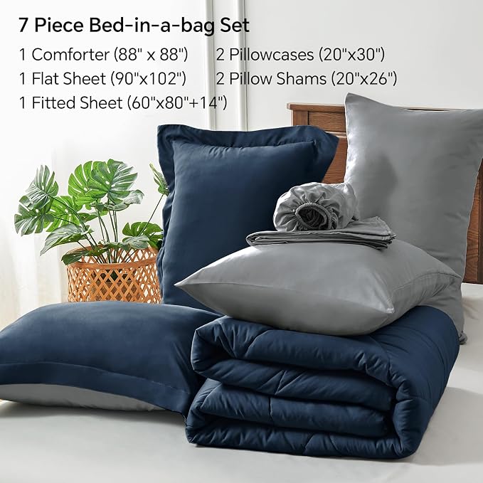 BEDELITE Queen Comforter Set 7 Pieces, Reversible Calm Blue Bed in A Bag | Soft All Season Down-Alternative Comforter, Sheets, Pillowcases & Shams, OEKO-TEX Certified Bedding for Bedrrom, Guest Room