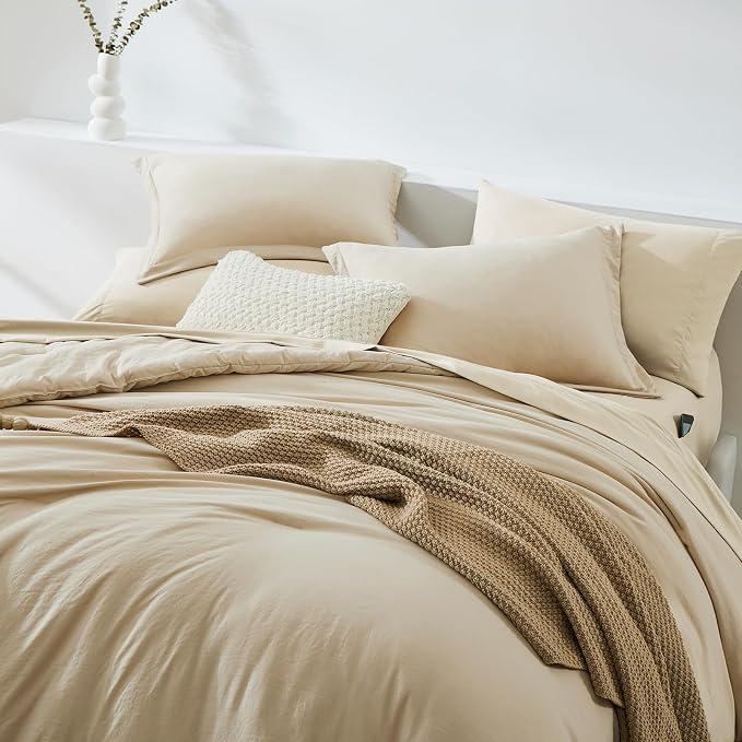 Full Size Comforter Sets-7 Pieces Ultra Soft Bed in a Bag Full Bedding Sets | Prewashed All Season Comforter with Sheets, Pillow Shams & Pillowcases,Beige