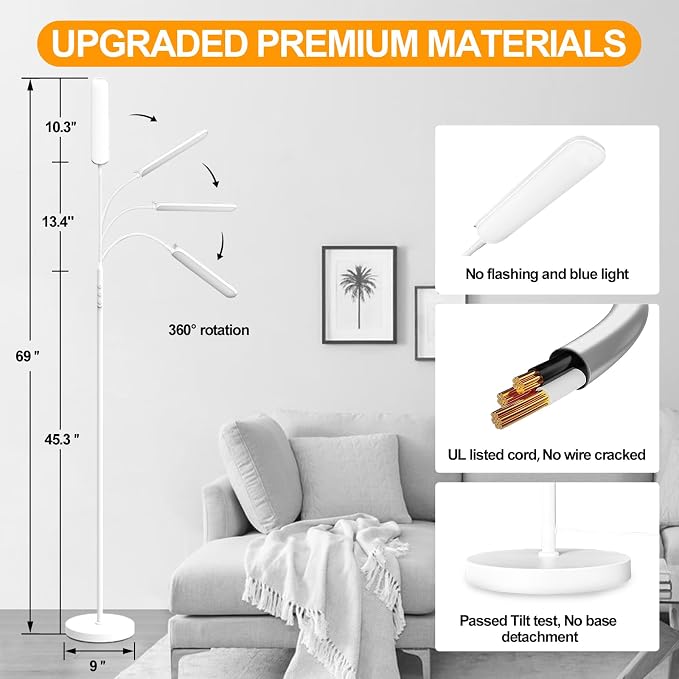 marctronic White Floor Lamp, 18W 1800LM Bright LED Floor Lamps for Living Room Bedroom, Dimmable Timing Eye Caring Reading Standing Lamp with Remote & Works with Smart Plug