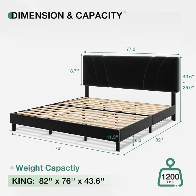 Novilla King Bed Frame and Headboard, King Bed Frame, Velvet Upholstered Bed Frames, No Box Spring Needed, Heavy Duty Feet, Easy Assembly, Black Velvet