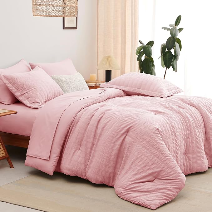 Queen Comforter Set, 7 Pieces Pink Seersucker Bed in a Bag | OEKO-TEX Certified, All Season Bedding Set with 240 GSM Down Alternative Comforter, Flat & Fitted Sheets, Pillowcases & Shams