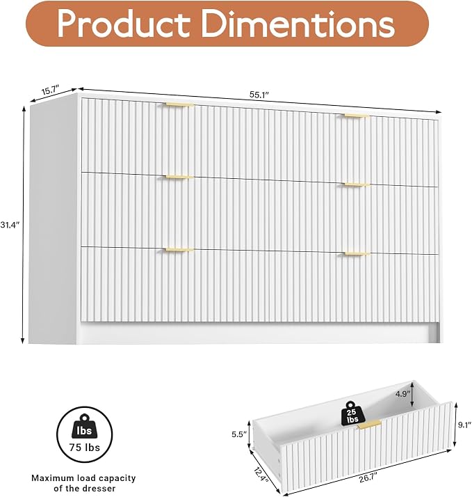 Furniway White Dresser for Bedroom, Modern Dresser with 6 Drawers and Smooth Slides, Wide Chest of Drawers with Golden Handles for Bedroom, Living Room, Closet, 15.7" D x 55.1" W x 31.4" H