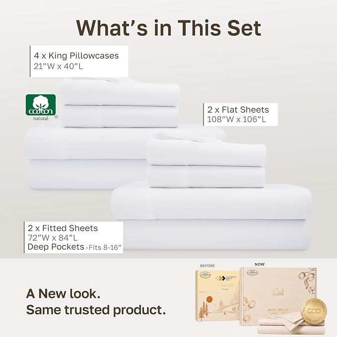 California Design Den 2-Pack Soft 100% Cotton Sateen Cal King Sheets Set | 400 Thread Count Backed by Good Housekeeping Seal, 16" Deep Pocket, All-Around Elastic, Durable, Easy Care - White