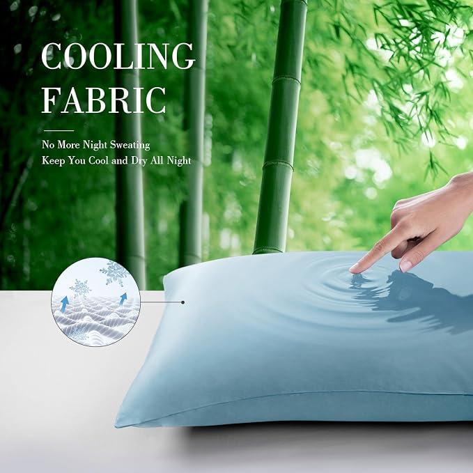 WishSmile Standard Pillow Cases Cooling Pillowcases Set of 2 Breathable Cool Silky Soft Rayon Derived from Bamboo Fabric, Hair and Skin Friendly, Light Blue, 20x26IN