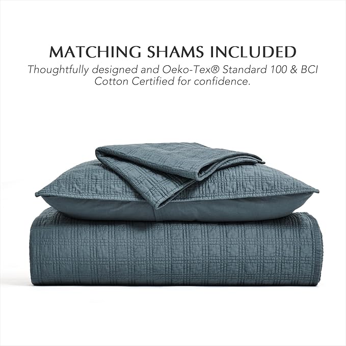 EVERGRACEHOME Cotton Sateen Windowpane Quilt Set King Size, Sonoma Blue | 100% Cotton, Pre-Washed Soft Coverlet Bedspread, 3-Piece Lightweight Bedding Set for All Season, with 2 Pillow Shams