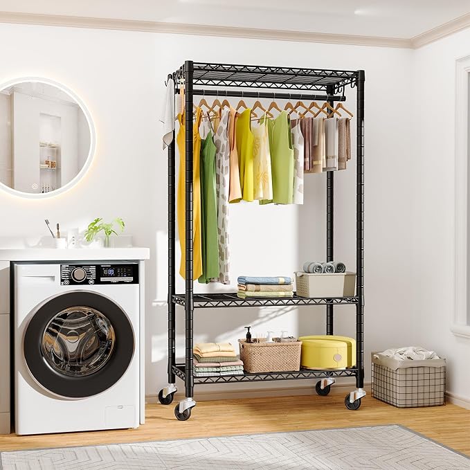 FUTASSI Rolling Clothes Rack, Clothing Racks for Hanging Clothes, Black | P3 Heavy Duty Garment Rack with Wheels, Freestanding Portable Closet Racks 39.4'' W x 14'' D x 78.5'' H, Max Load 470 LBS