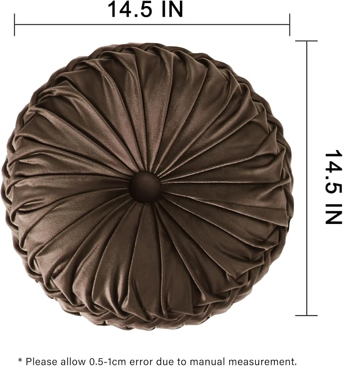 HIG Set of 2 Chocolate Velvet Decorative Round Pleated Throw Pillows | Vintage Floor Pillows, Classy Accent Pumpkin with Center Button, for Sofa Couch Vanity Chair Bed, 14.5" Diameter