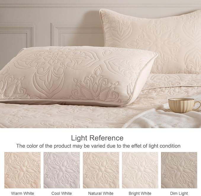 Whale Flotilla Queen Quilt Bedding Set Vintage Damask Reversible Bedspread | Suitable for Bed, 3 Pieces Brich Beige Lightweight Breathable Quilts Queen Size, Ultrasonic Coverlet with 2 Pillow Shams