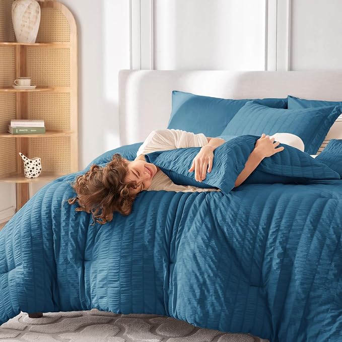 7 Pieces California King Comforter Set, Seersucker Bed in a Bag Cal King Size, All Season Luxury Bedding Set with Comforter, Flat Sheet, Fitted Sheet, Pillowcases & Shams, Teal