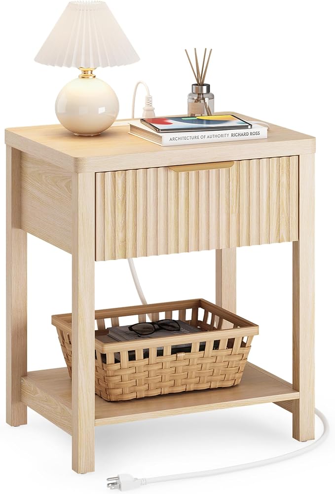Night Stand Set 1, Fluted Wood Bedside Table w/Socket Station for Bedroom | Natural, Storage Drawer, Open Shelf, Metal Silent Rails, Round Corners, Modern Fluted Panel, Living Room, Bedside Table