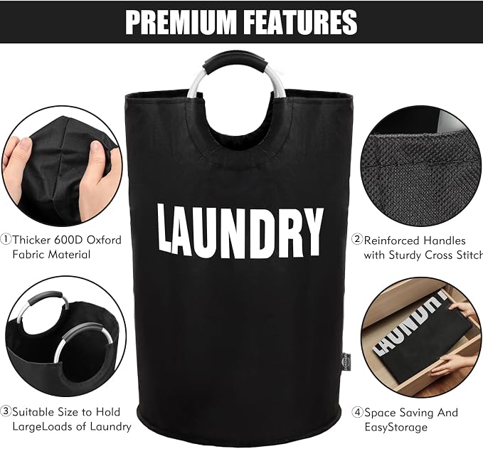 DOKEHOM 160L XX-Large Laundry Basket (7 Colors), Collapsible Laundry Bag, Foldable Laundry Hamper, Folding Washing Bin (Black, XXL) | Freestanding tall washing bin & foldable laundry bag. Extra large clothes storage basket with durable sturdy handles