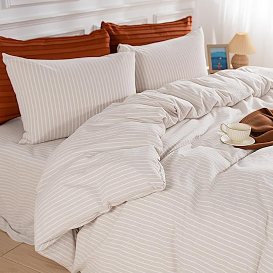 NEXHOME PRO Striped Duvet Cover King Size,100% Washed Cotton Bedding Set,Textured Linen Feel,Breathable,Organic,3 Piece(White Stripes 104x90)
