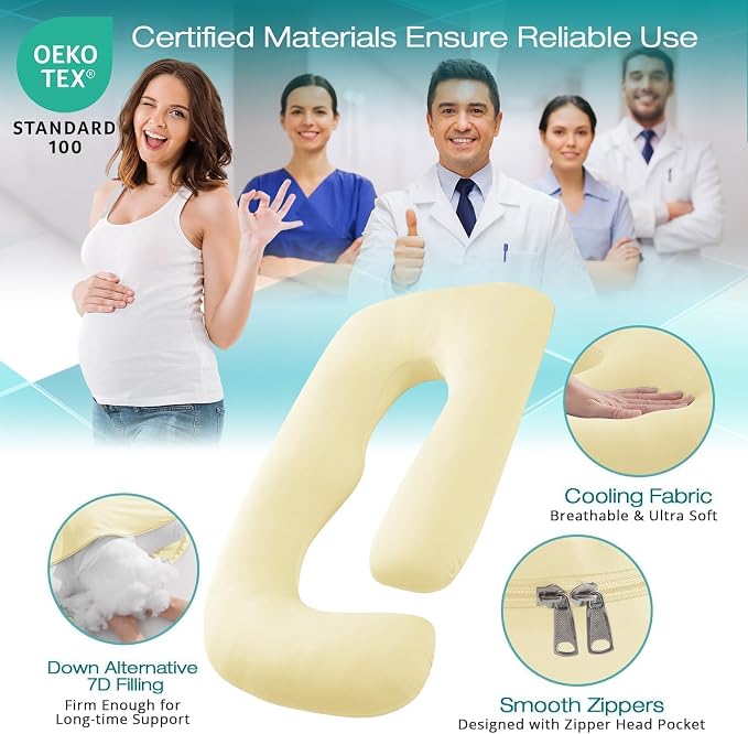 Cooling Pregnancy Pillows for Sleeping, 57'' Full Body Pillow, Light Yellow | Sasttie Maternity Pillow, OEKO-TEX, Down Alternative, Removable Cover, Pregnant Women Must Haves, Maternity Essential