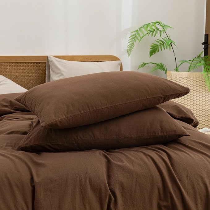 BESTOUCH Cotton Solid Duvet Cover Set Linen Feel Cocoa Brown Oversized King | 100% Washed Cotton, Soft Wrinkle Texture, Hidden Zipper, 8 Ties, Breathable Lightweight Durable Comfy, 3 Pcs No Insert